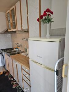a kitchen with a white refrigerator with a vase of flowers on it at Apartman u Velikoj Gorici Željko in Velika Gorica +12 photos