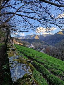 a stone wall in a field with mountains in the background at Hotel Zura in Seoane