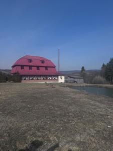 a building with a red roof next to a field at Mohh prostir vidpochinky in Mohnate