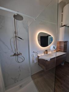 a bathroom with a shower with a sink and a mirror at Casa René in Aalter