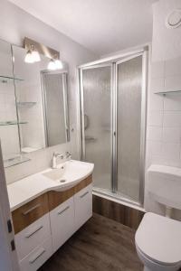 a bathroom with a toilet and a sink and a shower at Gemütliche Auszeit in Bad Rothenfelde in Bad Rothenfelde +2 photos