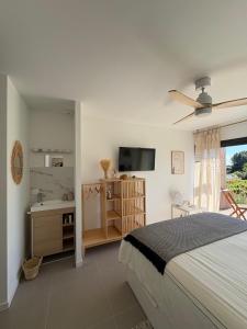 a bedroom with a bed and a desk and a television at Chambre indépendante vue vignes et mer in Saint-Cyr-sur-Mer