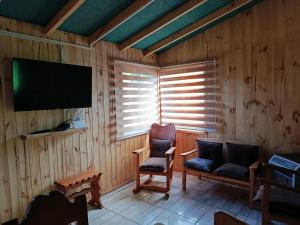 a living room with a chair and a television at cabaña zoila ch in Coñaripe