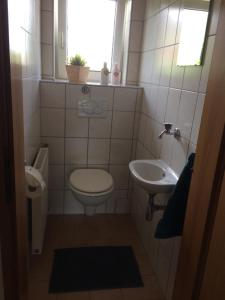 a small bathroom with a toilet and a sink at Ferienwohnung Groß in Blaubeuren +10 photos