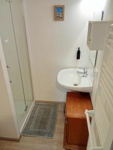 a bathroom with a sink and a shower at Le Relais de Louis in Orbigny