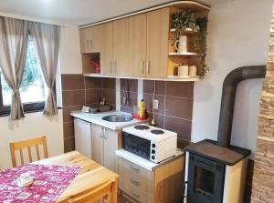 a small kitchen with a stove and a table at PLANINSKI KUTAK Tara - Apartman 1 in Bajina Bašta +22 photos