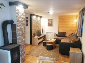 a living room with a couch and a fireplace at PLANINSKI KUTAK Tara - Apartman 1 in Bajina Bašta
