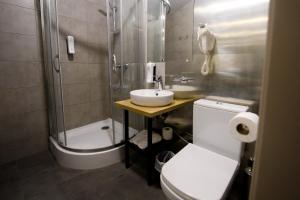 a bathroom with a sink and a shower and a toilet at Loft & SPA resort ROOMs in Palyanytsya