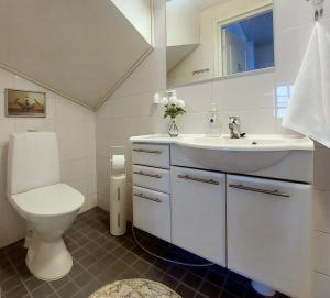 a white bathroom with a toilet and a sink at Levin Lumienkeli A6 in Levi +14 photos