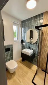 a bathroom with a toilet and a sink and a mirror at Pokoje nad Jeziorem Solina in Solina +37 photos