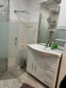 a bathroom with a white sink and a shower at Bergblick in Saupsdorf