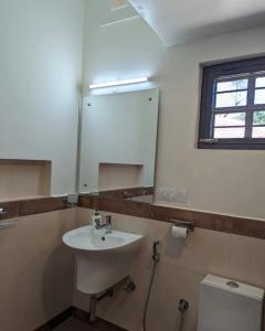 a bathroom with a sink and a mirror and a toilet at coorg mantion homestay in Madikeri