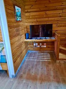 a room with a television in a wooden wall at Ti Caz Bana in Le Tampon
