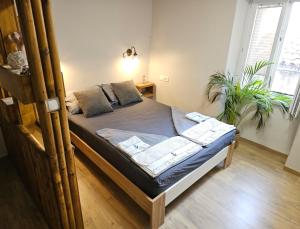 a bed in a room with a plant at Sea Paradise Piran in Piran