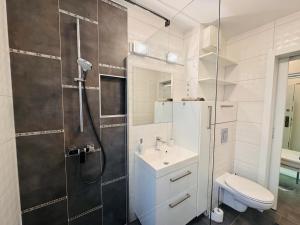 a bathroom with a shower and a sink and a toilet at Central Seven Apartman - Free Parking in Győr +12 photos