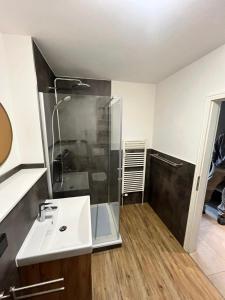 a bathroom with a sink and a shower at Junior-Suite "Bellavista" mit Seeblick in Ascheberg +16 photos