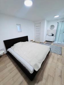 a bedroom with a large bed and a wooden floor at Fresh Time Apartment in Kecskemét