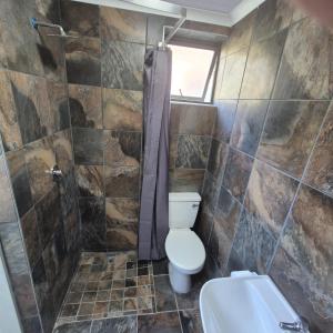 a bathroom with a toilet and a shower at Stadion Sleepover Cabin in Sasolburg +2 photos