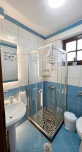 a bathroom with a shower and a sink and a toilet at Apartmani Marija in Ohrid +20 photos