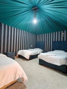 two beds in a room with a blue ceiling at Sand Rose Camp - Wadi Rum in Wadi Rum +21 photos
