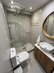 a bathroom with a shower and a toilet and a sink at Nice apartment close to the sea in Athens +13 photos