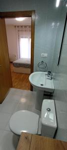 a bathroom with a toilet and a sink and a mirror at EnFOZ Terraza XXL Pet Friendly in Foz +33 photos