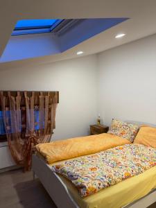 a bed in a bedroom with a blue ceiling at Casa Lalli in Longarone