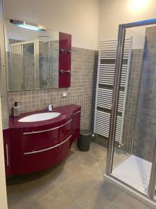 a bathroom with a red sink and a shower at Casa Lalli in Longarone +4 photos