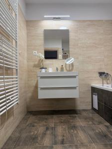 a bathroom with a sink and a mirror at Prestige Suite DS in Dunajská Streda +12 photos