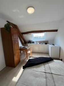 a room with a kitchen with a table and a bed at Studio 16 proche du PAL in Dompierre-sur-Besbre