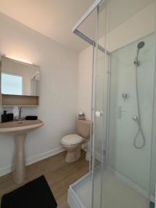 a bathroom with a toilet and a glass shower at Studio 16 proche du PAL in Dompierre-sur-Besbre