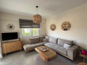 a living room with a couch and a table at Coral Nikiti Apartments I in Nikiti