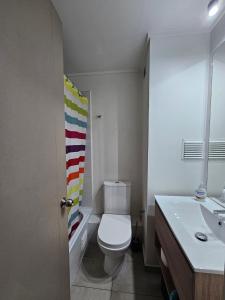 a bathroom with a white toilet and a sink at Apartamento Los Andes II in Los Andes +7 photos