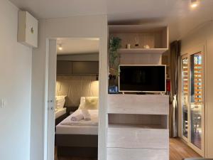 a bedroom with a bed and a tv in a room at GoLD mobile homes D&L in Biograd na Moru