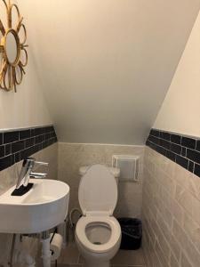 a small bathroom with a toilet and a sink at Sunnyside Rental-Entire vacation home 3 Bedroom 2 Bathrooms 1 Kitchen in McHenry +7 photos