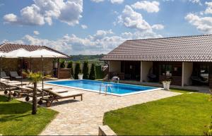a house with a swimming pool in a yard at Aqualux apartments in Vrdnik