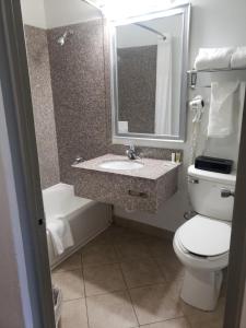 a bathroom with a toilet and a sink and a mirror at Super 8 by Wyndham Chicago Northlake O'Hare South in Northlake +9 photos