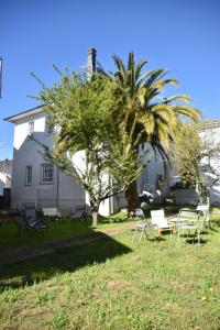 a yard with chairs and a palm tree and a house at A Casa de Chelo in Palas de Rei