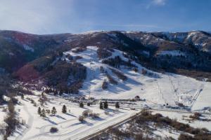 an aerial view of a snow covered mountain at Welcoming Wolf Getaway WL1405 Ski Escape Hot Tub in Eden