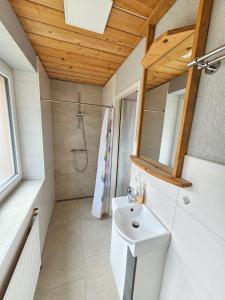 ein Badezimmer mit weißem Waschbecken und Dusche in der Unterkunft Bachblick Apartment in Kremsmünster + 16 Fotos