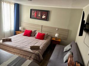 a bedroom with a large bed with red pillows at Inversiones Inmobiliarias AYD in Santiago