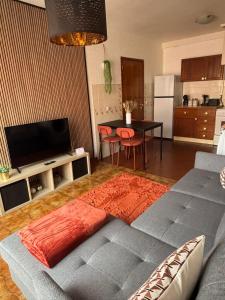 a living room with a gray couch and a table at Setúbal Sunset Apartment in Setúbal