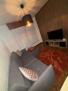 a living room with a gray couch with pillows at Setúbal Sunset Apartment in Setúbal