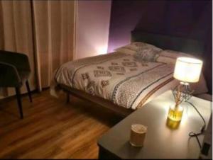 a bedroom with a bed with a table and a lamp at Villa cosy in Biganos