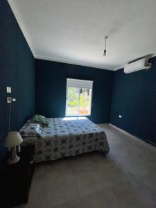 a blue bedroom with a bed and a window at Casa en la Puntilla 2 in Belén