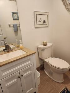 ein Badezimmer mit Toilette, Waschbecken und Spiegel in der Unterkunft Outer Banks in Kitty Hawk + 6 Fotos