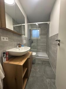 a bathroom with a sink and a toilet and a shower at Gästehaus GAP in Dietlingen