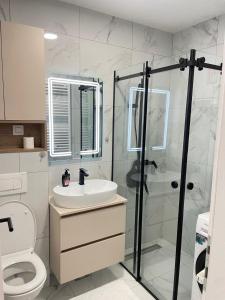 a bathroom with a shower and a sink and a toilet at Tiffany Delux in Banja Luka +11 photos