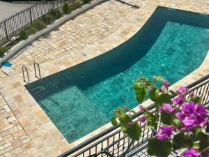 an overhead view of a swimming pool with purple flowers at PoolSide Residence in Kavač