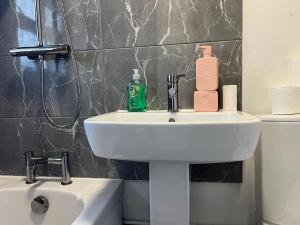a bathroom with a white sink and a toilet at Two Bedroom Flat Bristol in Shirehampton +20 photos
